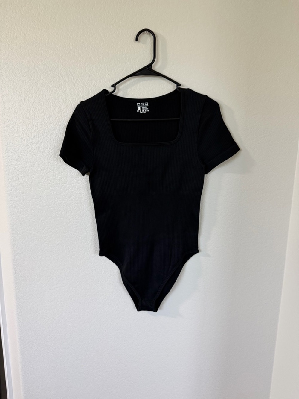 Basic Square Neck Black Ribbed Bodysuit - Unbranded